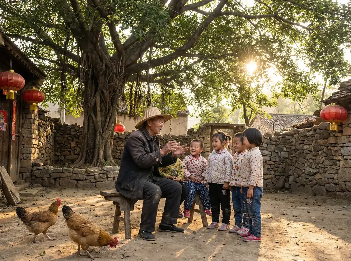 老人在大榕树下给孩子们讲故事 - 爱的放色 乡村记忆